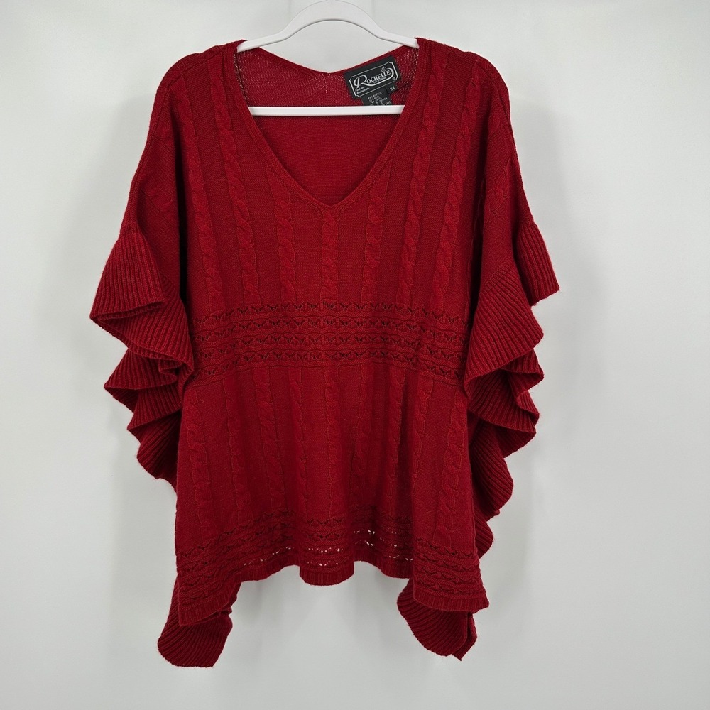 Womens Vintage Cottagecore Cable Knit Poncho Sz 3X Red Ruffle Academia Feminine